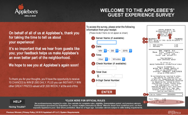 participate in the Applebee's guest experience survey for a chance to win $1,000