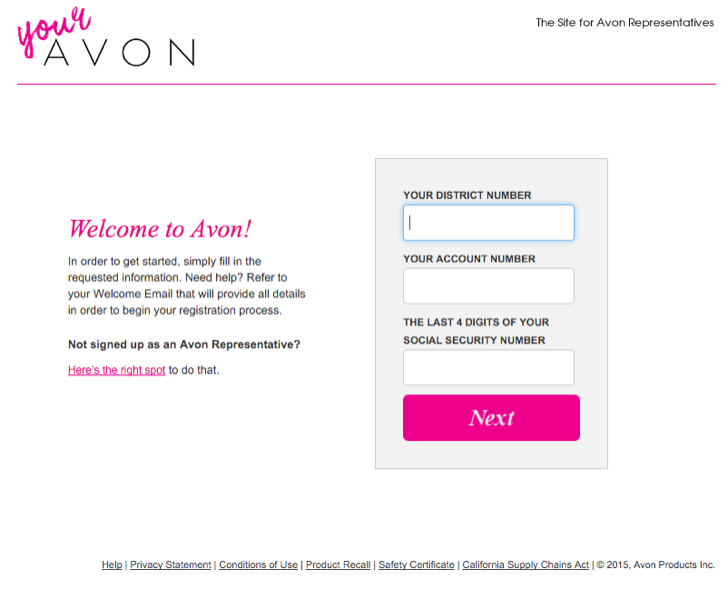 register for an online account as an Avon representative