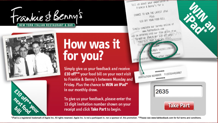 take part in the Frankie & Benny's customer satisfaction survey