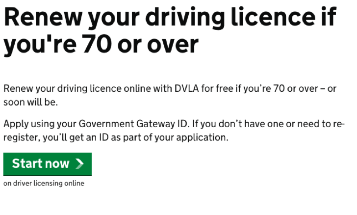 renew driving license at age 70 or over for free