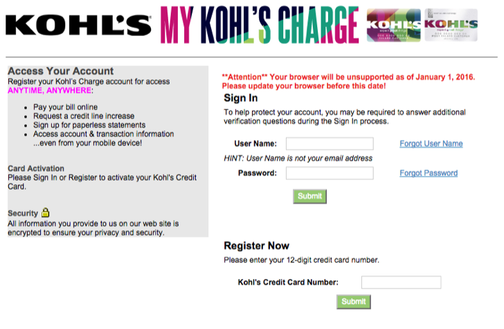 kohls charge card activation