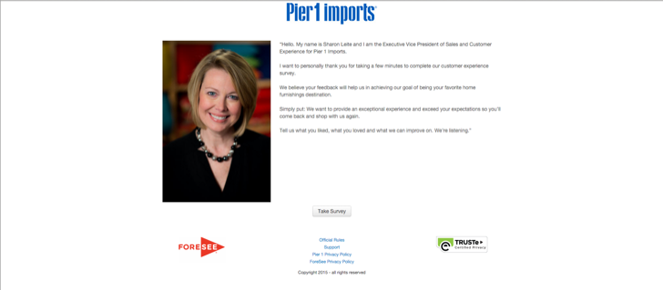 take part in the Pier 1 Imports customer satisfaction surve