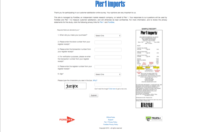take part in the Pier 1 Imports customer satisfaction surve