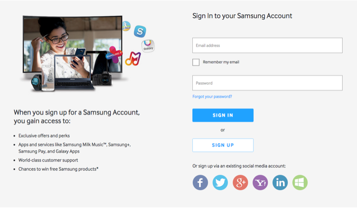 create a samsung account to register products