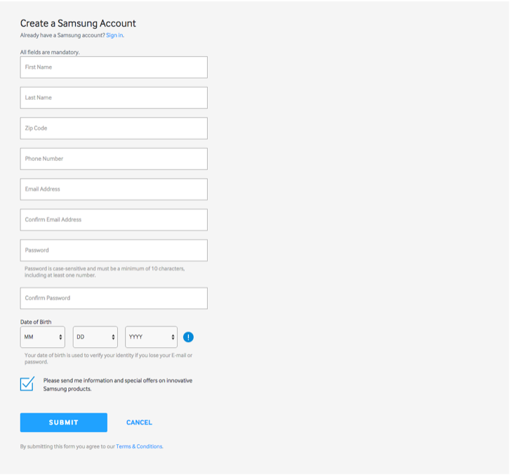 create a samsung account to register products