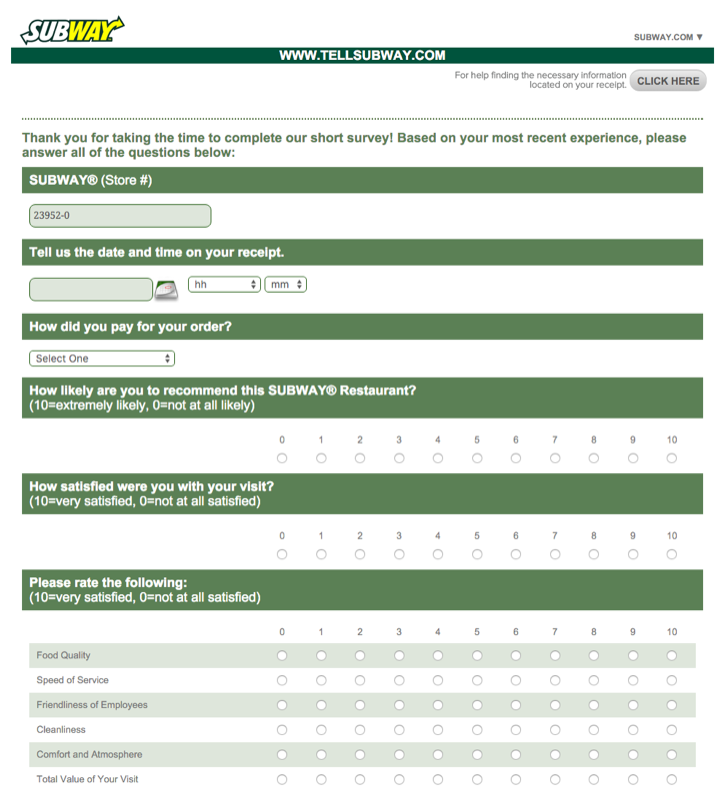 participate in the Subway customer satisfaction survey to get an offer