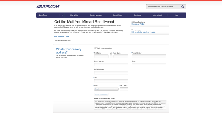 request a delivery of missed mail from the USPS online